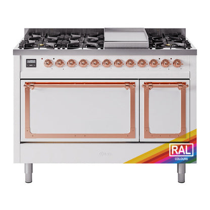 ILVE Nostalgie II 48-Inch Dual Fuel Range with 8 Sealed Burners + Griddle, 5.02 cu. ft. Oven, RAL with Copper Trim, Natural Gas, Solid Door, UN48FQNMPRAP