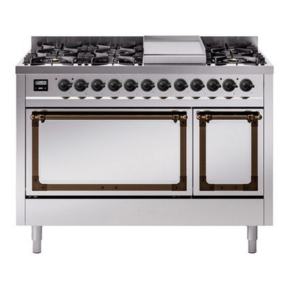 ILVE Nostalgie II 48-Inch Dual Fuel Range with 8 Sealed Burners + Griddle, 5.02 cu. ft. Oven, Stainless Steel with Burnished Trim, Liquid Propane, Solid Door, UN48FQNMPSSBLP