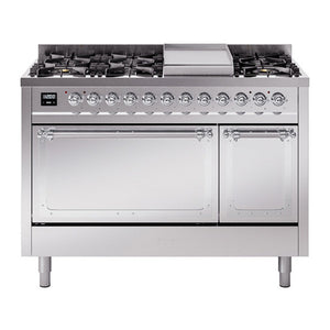 ILVE Nostalgie II 48-Inch Dual Fuel Range with 8 Sealed Burners + Griddle, 5.02 cu. ft. Oven, Stainless Steel with Chrome Trim, Liquid Propane, Solid Door, UN48FQNMPSSCLP