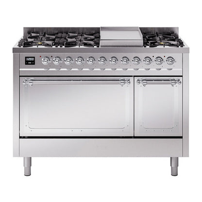 ILVE Nostalgie II 48-Inch Dual Fuel Range with 8 Sealed Burners + Griddle, 5.02 cu. ft. Oven, Stainless Steel with Chrome Trim, Natural Gas, Solid Door, UN48FQNMPSSC