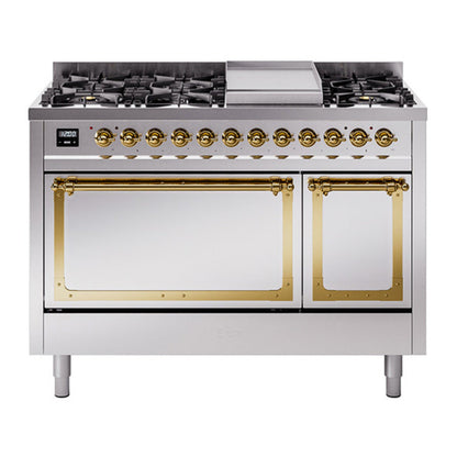 ILVE Nostalgie II 48-Inch Dual Fuel Range with 8 Sealed Burners + Griddle, 5.02 cu. ft. Oven, Stainless Steel with Brass Trim, Natural Gas, Solid Door, UN48FQNMPSSG