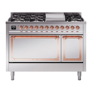 ILVE Nostalgie II 48-Inch Dual Fuel Range with 8 Sealed Burners + Griddle, 5.02 cu. ft. Oven, Stainless Steel with Copper Trim, Liquid Propane, Solid Door, UN48FQNMPSSPLP