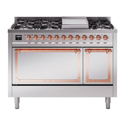 ILVE Nostalgie II 48-Inch Dual Fuel Range with 8 Sealed Burners + Griddle, 5.02 cu. ft. Oven, Stainless Steel with Copper Trim, Natural Gas, Solid Door, UN48FQNMPSSP