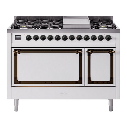 ILVE Nostalgie II 48-Inch Dual Fuel Range with 8 Sealed Burners + Griddle, 5.02 cu. ft. Oven, White with Burnished Trim, Natural Gas, Solid Door, UN48FQNMPWHB