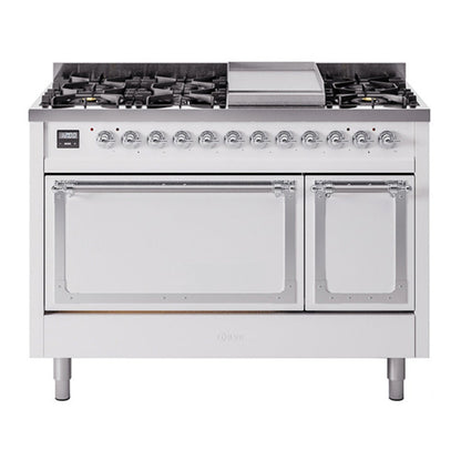 ILVE Nostalgie II 48-Inch Dual Fuel Range with 8 Sealed Burners + Griddle, 5.02 cu. ft. Oven, White with Chrome Trim, Liquid Propane, Solid Door, UN48FQNMPWHCLP