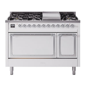 ILVE Nostalgie II 48-Inch Dual Fuel Range with 8 Sealed Burners + Griddle, 5.02 cu. ft. Oven, White with Chrome Trim, Natural Gas, Solid Door, UN48FQNMPWHC