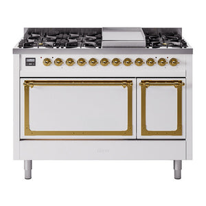 ILVE Nostalgie II 48-Inch Dual Fuel Range with 8 Sealed Burners + Griddle, 5.02 cu. ft. Oven, White with Brass Trim, Natural Gas, Solid Door, UN48FQNMPWHG