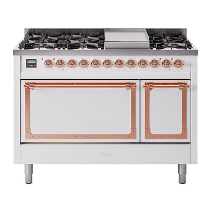 ILVE Nostalgie II 48-Inch Dual Fuel Range with 8 Sealed Burners + Griddle, 5.02 cu. ft. Oven, White with Copper Trim, Natural Gas, Solid Door, UN48FQNMPWHP