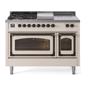 ILVE Nostalgie II 48-Inch Dual Fuel Range with 5 Sealed Burners + Griddle + French Top, 5.02 cu. ft. Oven, Antique White with Burnished Trim, Liquid Propane, Triple Glass Door, UN48FSNMPAWBLP