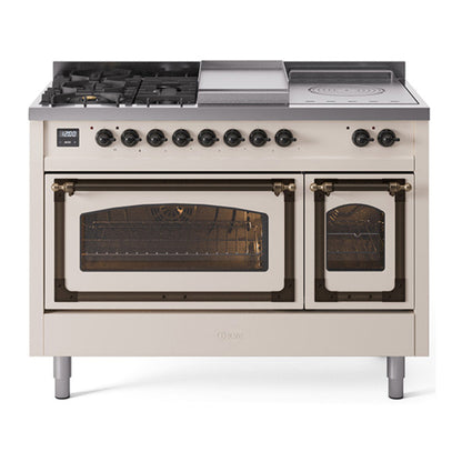 ILVE Nostalgie II 48-Inch Dual Fuel Range with 5 Sealed Burners + Griddle + French Top, 5.02 cu. ft. Oven, Antique White with Burnished Trim, Liquid Propane, Triple Glass Door, UN48FSNMPAWBLP