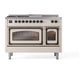 ILVE Nostalgie II 48-Inch Dual Fuel Range with 5 Sealed Burners + Griddle + French Top, 5.02 cu. ft. Oven, Antique White with Burnished Trim, Natural Gas, Triple Glass Door, UN48FSNMPAWB