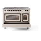 ILVE Nostalgie II 48-Inch Dual Fuel Range with 5 Sealed Burners + Griddle + French Top, 5.02 cu. ft. Oven, Antique White with Burnished Trim, Natural Gas, Triple Glass Door, UN48FSNMPAWB