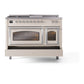 ILVE Nostalgie II 48-Inch Dual Fuel Range with 5 Sealed Burners + Griddle + French Top, 5.02 cu. ft. Oven, Antique White with Chrome Trim, Liquid Propane, Triple Glass Door, UN48FSNMPAWCLP