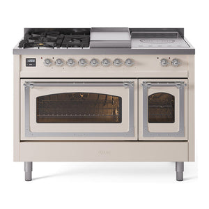 ILVE Nostalgie II 48-Inch Dual Fuel Range with 5 Sealed Burners + Griddle + French Top, 5.02 cu. ft. Oven, Antique White with Chrome Trim, Natural Gas, Triple Glass Door, UN48FSNMPAWC