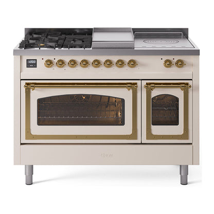 ILVE Nostalgie II 48-Inch Dual Fuel Range with 5 Sealed Burners + Griddle + French Top, 5.02 cu. ft. Oven, Antique White with Brass Trim, Natural Gas, Triple Glass Door, UN48FSNMPAWG