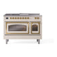 ILVE Nostalgie II 48-Inch Dual Fuel Range with 5 Sealed Burners + Griddle + French Top, 5.02 cu. ft. Oven, Antique White with Brass Trim, Natural Gas, Triple Glass Door, UN48FSNMPAWG