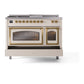 ILVE Nostalgie II 48-Inch Dual Fuel Range with 5 Sealed Burners + Griddle + French Top, 5.02 cu. ft. Oven, Antique White with Brass Trim, Natural Gas, Triple Glass Door, UN48FSNMPAWG