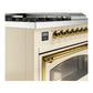 ILVE Nostalgie II 48-Inch Dual Fuel Range with 5 Sealed Burners + Griddle + French Top, 5.02 cu. ft. Oven, Antique White with Brass Trim, Natural Gas, Triple Glass Door, UN48FSNMPAWG