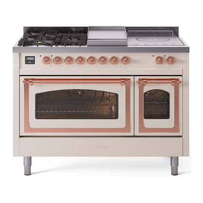 ILVE Nostalgie II 48-Inch Dual Fuel Range with 5 Sealed Burners + Griddle + French Top, 5.02 cu. ft. Oven, Antique White with Copper Trim, Liquid Propane, Triple Glass Door, UN48FSNMPAWPLP