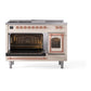 ILVE Nostalgie II 48-Inch Dual Fuel Range with 5 Sealed Burners + Griddle + French Top, 5.02 cu. ft. Oven, Antique White with Copper Trim, Natural Gas, Triple Glass Door, UN48FSNMPAWP