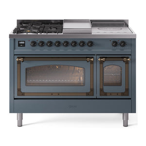 ILVE Nostalgie II 48-Inch Dual Fuel Range with 5 Sealed Burners + Griddle + French Top, 5.02 cu. ft. Oven, Blue Grey with Burnished Trim, Liquid Propane, Triple Glass Door, UN48FSNMPBGBLP