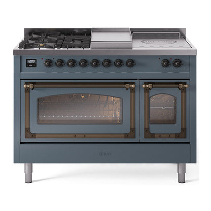 ILVE Nostalgie II 48-Inch Dual Fuel Range with 5 Sealed Burners + Griddle + French Top, 5.02 cu. ft. Oven, Blue Grey with Burnished Trim, Liquid Propane, Triple Glass Door, UN48FSNMPBGBLP