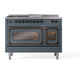 ILVE Nostalgie II 48-Inch Dual Fuel Range with 5 Sealed Burners + Griddle + French Top, 5.02 cu. ft. Oven, Blue Grey with Burnished Trim, Liquid Propane, Triple Glass Door, UN48FSNMPBGBLP