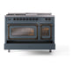 ILVE Nostalgie II 48-Inch Dual Fuel Range with 5 Sealed Burners + Griddle + French Top, 5.02 cu. ft. Oven, Blue Grey with Burnished Trim, Natural Gas, Triple Glass Door, UN48FSNMPBGB