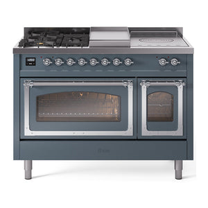ILVE Nostalgie II 48-Inch Dual Fuel Range with 5 Sealed Burners + Griddle + French Top, 5.02 cu. ft. Oven, Blue Grey with Chrome Trim, Natural Gas, Triple Glass Door, UN48FSNMPBGC