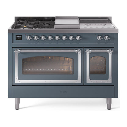 ILVE Nostalgie II 48-Inch Dual Fuel Range with 5 Sealed Burners + Griddle + French Top, 5.02 cu. ft. Oven, Blue Grey with Chrome Trim, Natural Gas, Triple Glass Door, UN48FSNMPBGC