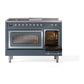 ILVE Nostalgie II 48-Inch Dual Fuel Range with 5 Sealed Burners + Griddle + French Top, 5.02 cu. ft. Oven, Blue Grey with Chrome Trim, Natural Gas, Triple Glass Door, UN48FSNMPBGC