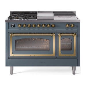ILVE Nostalgie II 48-Inch Dual Fuel Range with 5 Sealed Burners + Griddle + French Top, 5.02 cu. ft. Oven, Blue Grey with Brass Trim, Liquid Propane, Triple Glass Door, UN48FSNMPBGGLP