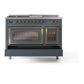 ILVE Nostalgie II 48-Inch Dual Fuel Range with 5 Sealed Burners + Griddle + French Top, 5.02 cu. ft. Oven, Blue Grey with Brass Trim, Liquid Propane, Triple Glass Door, UN48FSNMPBGGLP
