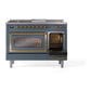ILVE Nostalgie II 48-Inch Dual Fuel Range with 5 Sealed Burners + Griddle + French Top, 5.02 cu. ft. Oven, Blue Grey with Brass Trim, Natural Gas, Triple Glass Door, UN48FSNMPBGG