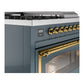 ILVE Nostalgie II 48-Inch Dual Fuel Range with 5 Sealed Burners + Griddle + French Top, 5.02 cu. ft. Oven, Blue Grey with Brass Trim, Natural Gas, Triple Glass Door, UN48FSNMPBGG