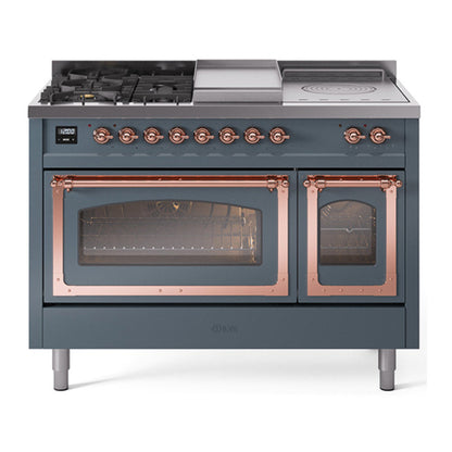 ILVE Nostalgie II 48-Inch Dual Fuel Range with 5 Sealed Burners + Griddle + French Top, 5.02 cu. ft. Oven, Blue Grey with Copper Trim, Liquid Propane, Triple Glass Door, UN48FSNMPBGPLP