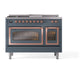 ILVE Nostalgie II 48-Inch Dual Fuel Range with 5 Sealed Burners + Griddle + French Top, 5.02 cu. ft. Oven, Blue Grey with Copper Trim, Natural Gas, Triple Glass Door, UN48FSNMPBGP