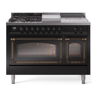 ILVE Nostalgie II 48-Inch Dual Fuel Range with 5 Sealed Burners + Griddle + French Top, 5.02 cu. ft. Oven, Glossy Black with Burnished Trim, Liquid Propane, Triple Glass Door, UN48FSNMPBKBLP