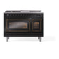ILVE Nostalgie II 48-Inch Dual Fuel Range with 5 Sealed Burners + Griddle + French Top, 5.02 cu. ft. Oven, Glossy Black with Burnished Trim, Liquid Propane, Triple Glass Door, UN48FSNMPBKBLP