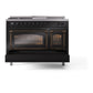 ILVE Nostalgie II 48-Inch Dual Fuel Range with 5 Sealed Burners + Griddle + French Top, 5.02 cu. ft. Oven, Glossy Black with Burnished Trim, Liquid Propane, Triple Glass Door, UN48FSNMPBKBLP