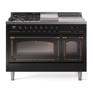 ILVE Nostalgie II 48-Inch Dual Fuel Range with 5 Sealed Burners + Griddle + French Top, 5.02 cu. ft. Oven, Glossy Black with Burnished Trim, Natural Gas, Triple Glass Door, UN48FSNMPBKB