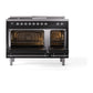 ILVE Nostalgie II 48-Inch Dual Fuel Range with 5 Sealed Burners + Griddle + French Top, 5.02 cu. ft. Oven, Glossy Black with Chrome Trim, Liquid Propane, Triple Glass Door, UN48FSNMPBKCLP