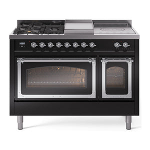 ILVE Nostalgie II 48-Inch Dual Fuel Range with 5 Sealed Burners + Griddle + French Top, 5.02 cu. ft. Oven, Glossy Black with Chrome Trim, Natural Gas, Triple Glass Door, UN48FSNMPBKC
