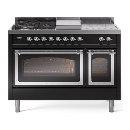 ILVE Nostalgie II 48-Inch Dual Fuel Range with 5 Sealed Burners + Griddle + French Top, 5.02 cu. ft. Oven, Glossy Black with Chrome Trim, Natural Gas, Triple Glass Door, UN48FSNMPBKC