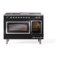 ILVE Nostalgie II 48-Inch Dual Fuel Range with 5 Sealed Burners + Griddle + French Top, 5.02 cu. ft. Oven, Glossy Black with Chrome Trim, Natural Gas, Triple Glass Door, UN48FSNMPBKC