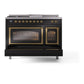 ILVE Nostalgie II 48-Inch Dual Fuel Range with 5 Sealed Burners + Griddle + French Top, 5.02 cu. ft. Oven, Glossy Black with Brass Trim, Liquid Propane, Triple Glass Door, UN48FSNMPBKGLP