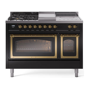 ILVE Nostalgie II 48-Inch Dual Fuel Range with 5 Sealed Burners + Griddle + French Top, 5.02 cu. ft. Oven, Glossy Black with Brass Trim, Natural Gas, Triple Glass Door, UN48FSNMPBKG
