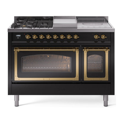 ILVE Nostalgie II 48-Inch Dual Fuel Range with 5 Sealed Burners + Griddle + French Top, 5.02 cu. ft. Oven, Glossy Black with Brass Trim, Natural Gas, Triple Glass Door, UN48FSNMPBKG