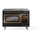 ILVE Nostalgie II 48-Inch Dual Fuel Range with 5 Sealed Burners + Griddle + French Top, 5.02 cu. ft. Oven, Glossy Black with Brass Trim, Natural Gas, Triple Glass Door, UN48FSNMPBKG