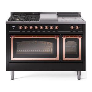 ILVE Nostalgie II 48-Inch Dual Fuel Range with 5 Sealed Burners + Griddle + French Top, 5.02 cu. ft. Oven, Glossy Black with Copper Trim, Natural Gas, Triple Glass Door, UN48FSNMPBKP